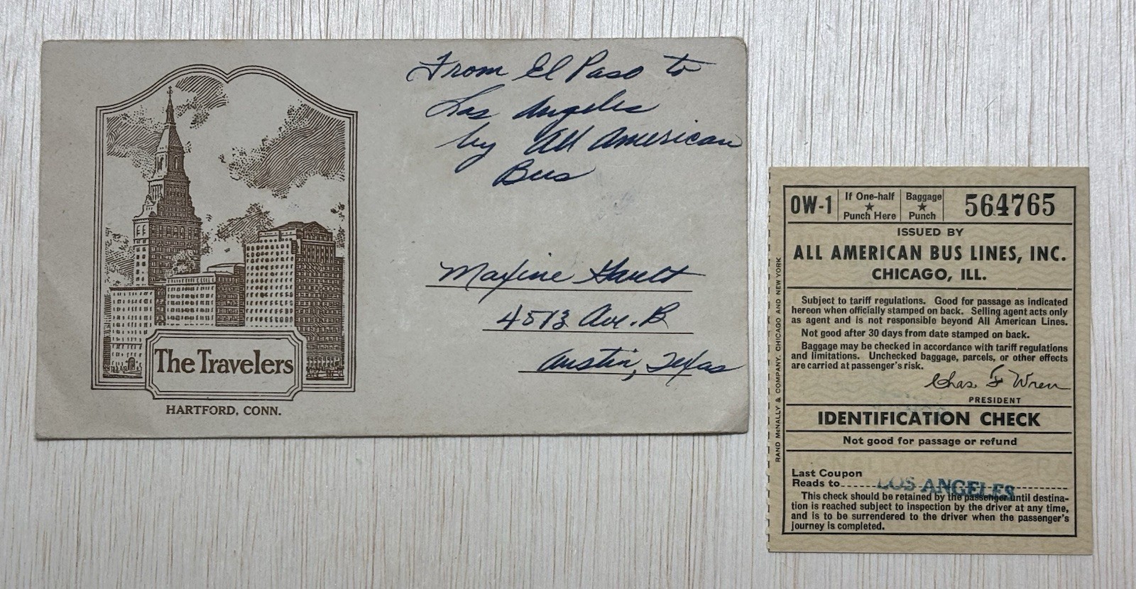 VINTAGE BUS TICKET: 1945 ALL AMERICAN BUS LINES – Chicago to Los Angeles CA