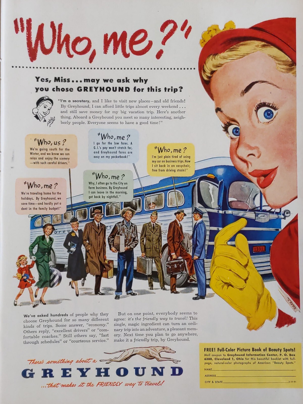 1951 vintage Greyhound original print ad. who me?