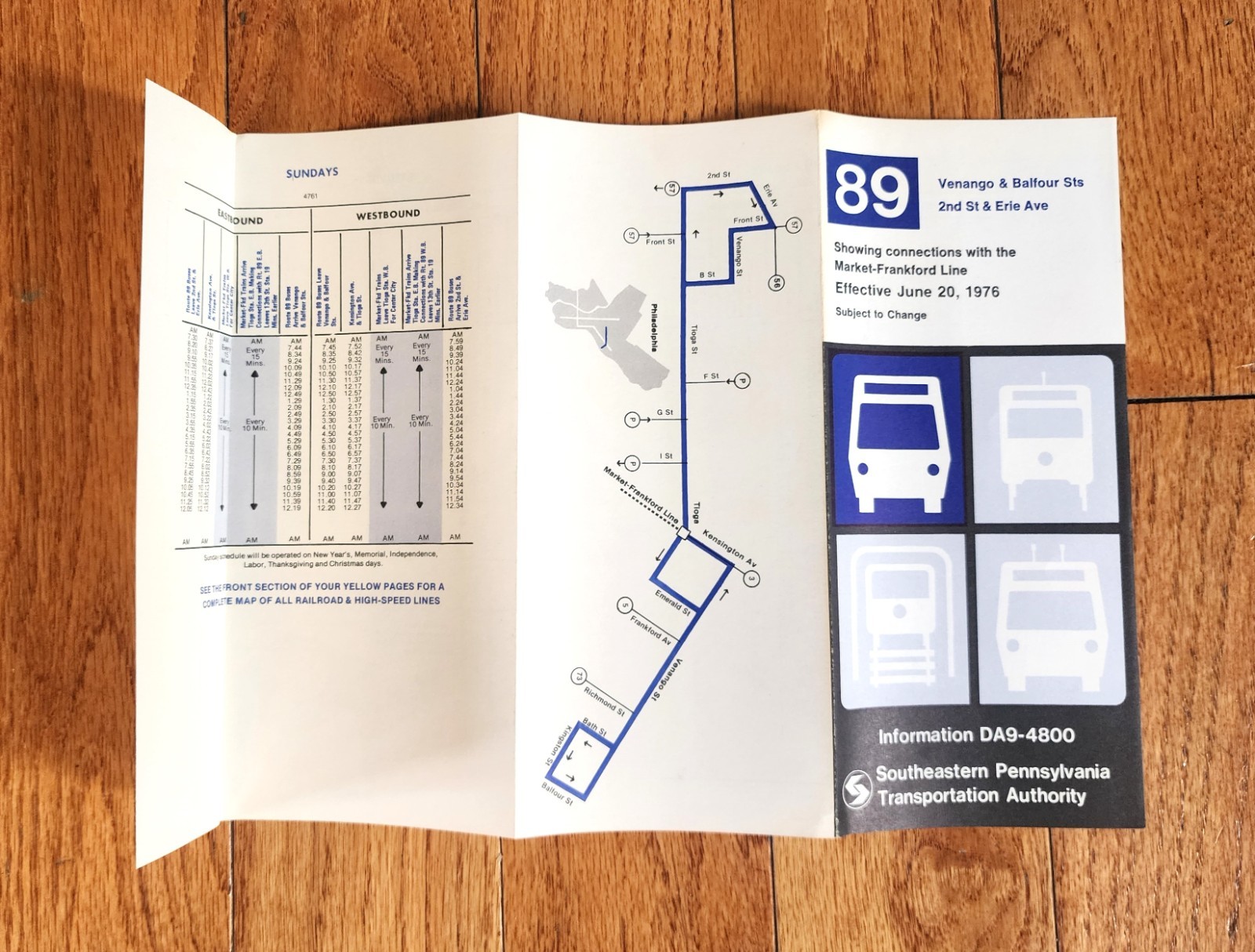 1976 SEPTA BUS TIME TABLE ROUTE 89 PHILADELPHIA PA