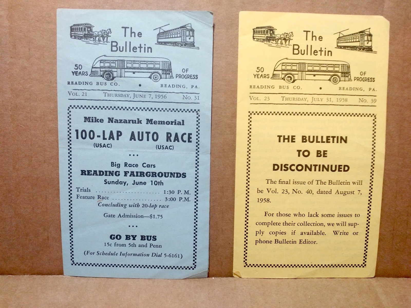 1956 & 1958 Reading Bus Company Bulletin Brochure Pamphlet PA Transit News