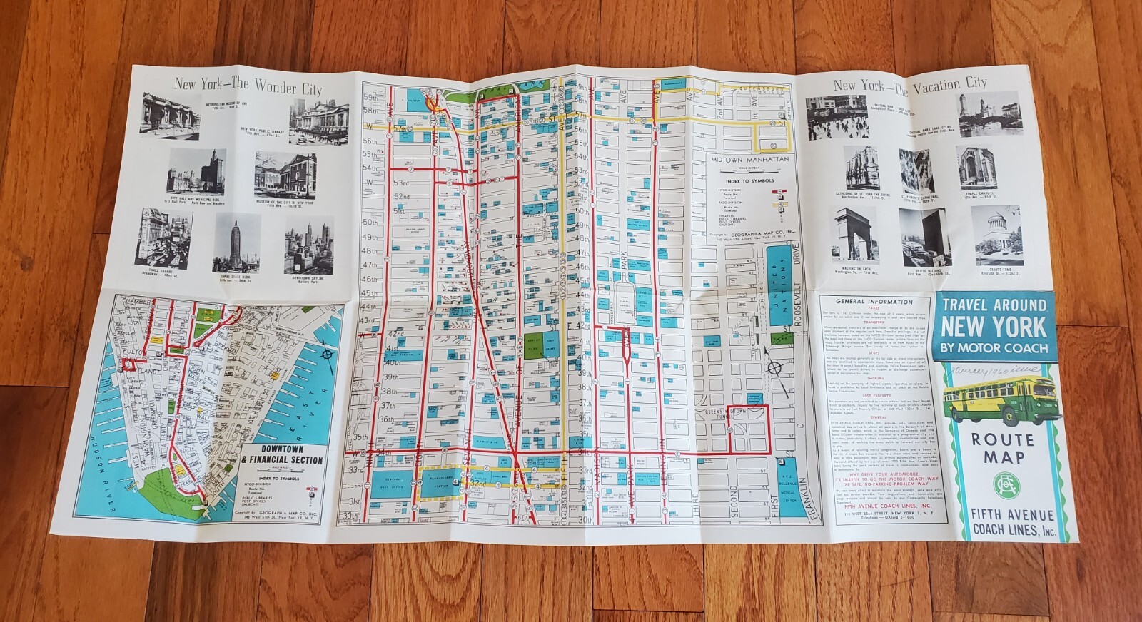 VINTAGE FIFTH AVENUE COACH LINES INC BUS ROUTE MAP GUIDE MANHATTAN NY NYC