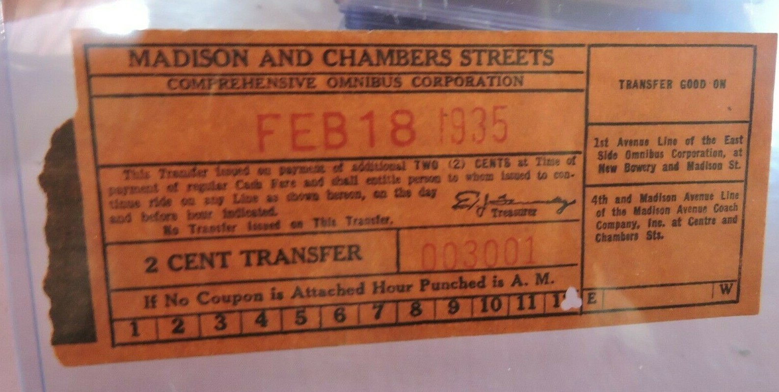1935 New York City Omnibus Bus Transfer Ticket Madison & Chambers Streets