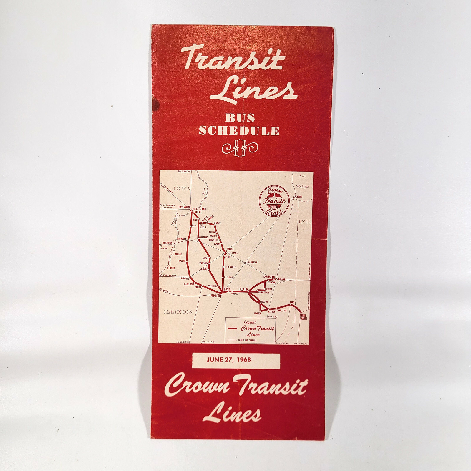 1968 Crown Transit Lines Bus Schedule Time Table Indiana Illinois Iowa Vintage