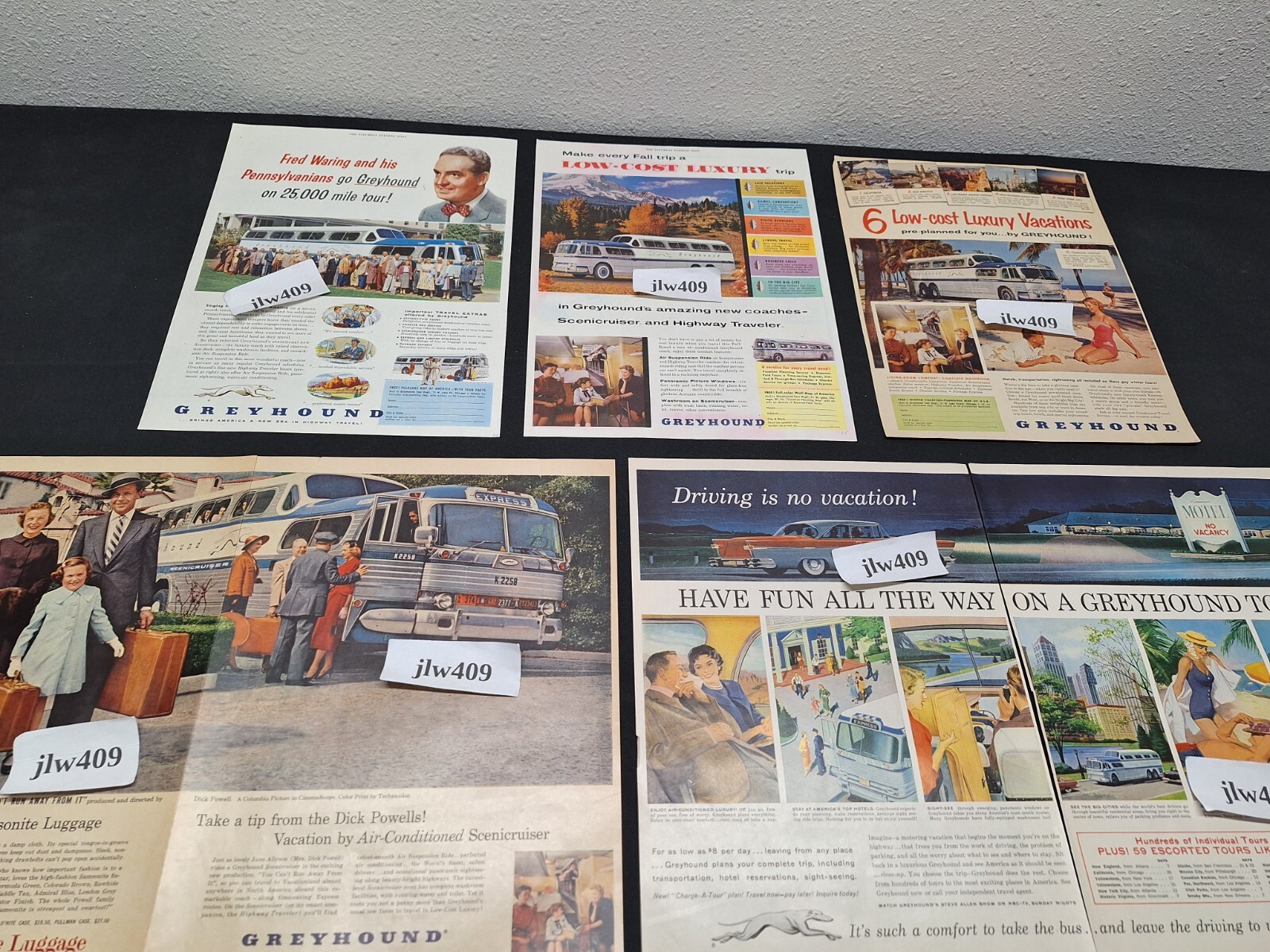 5 Vintage 1955 1956 1957 GREYHOUND BUS ADS Original Print Ad Literature