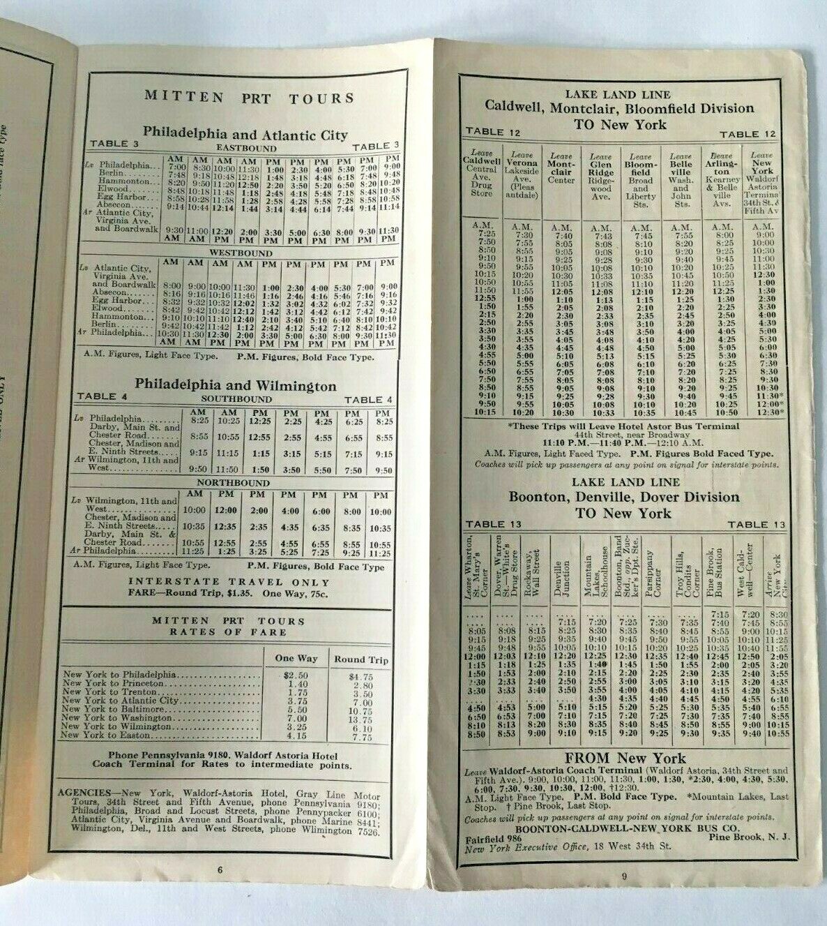 Vintage 1928 Waldorf Astoria Coach Terminal timetable schedule New York City NYC