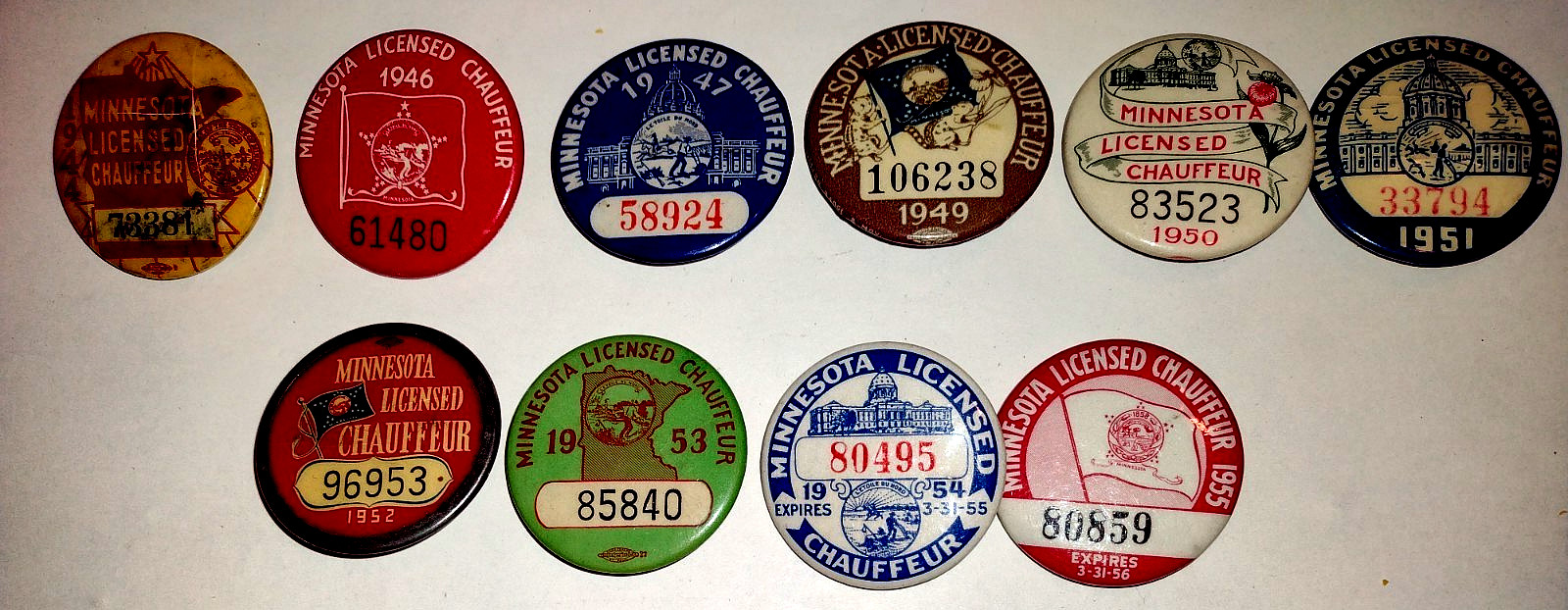 1940’s 1950’s Minnesota Chauffeur License Badge Buttons Pins Pinback MN Lot
