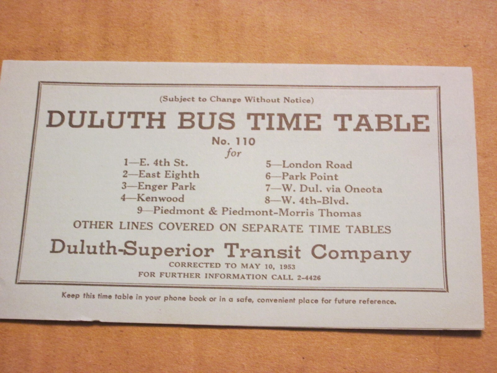 Duluth-Superior Transit Bus Time Table – Duluth May 10 1953