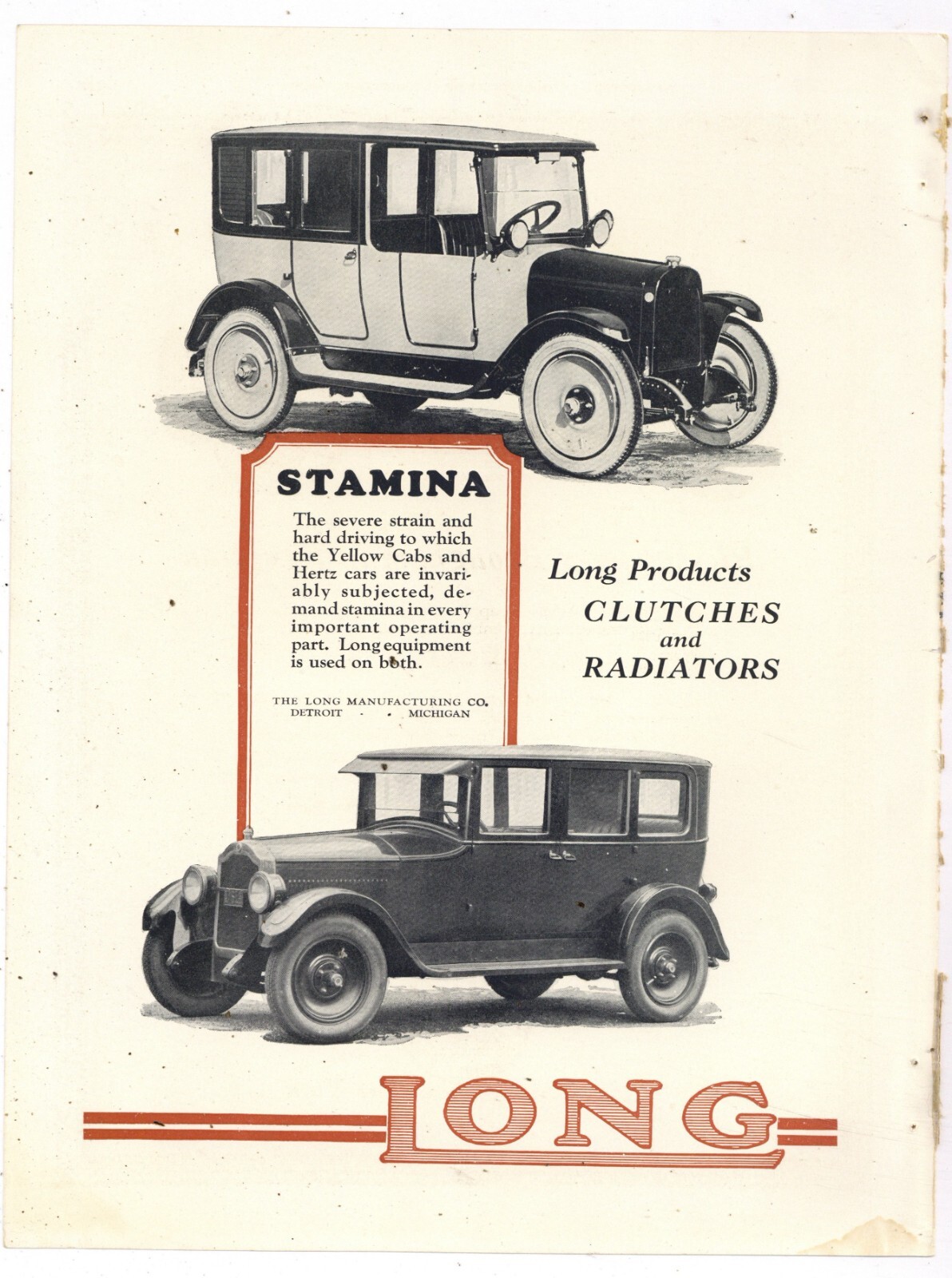 1925 Long Mfg. Co. Ad: Yellow Cab & Hertz Rental Car Pictured – Detroit