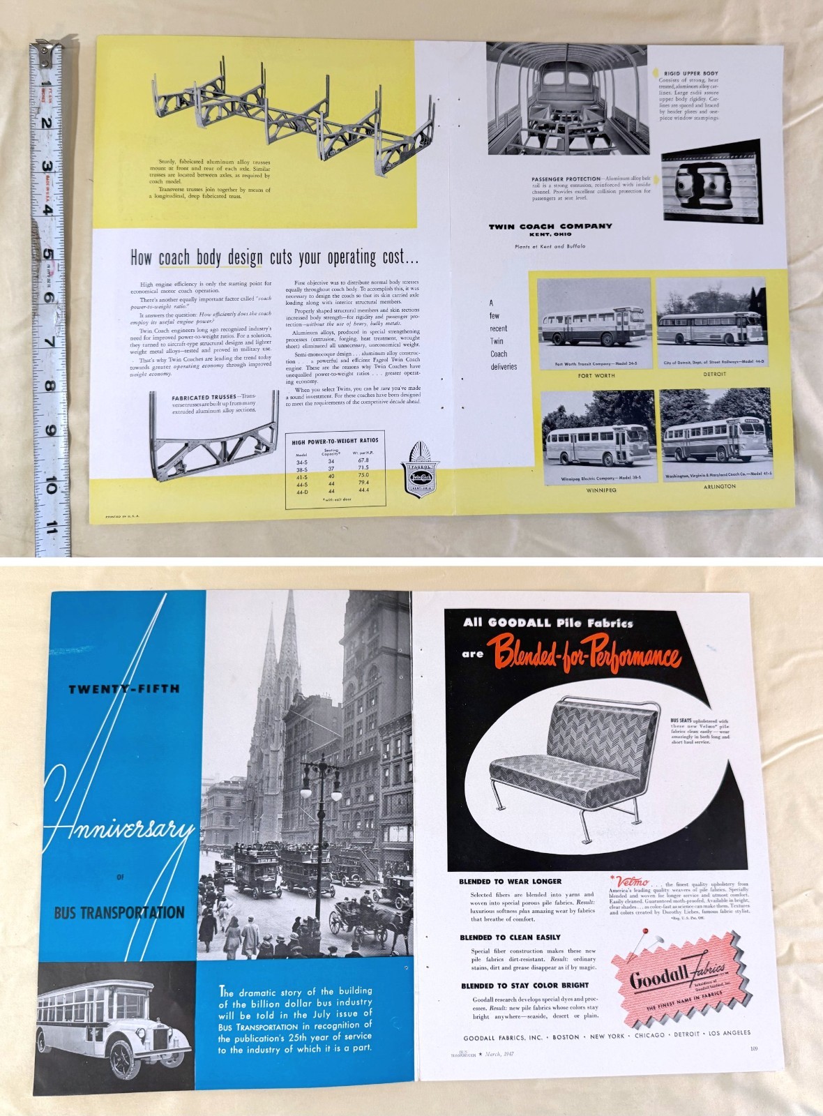 1950s two-page advertisement Twin Coach Company Kent, Ohio Fageol brothers