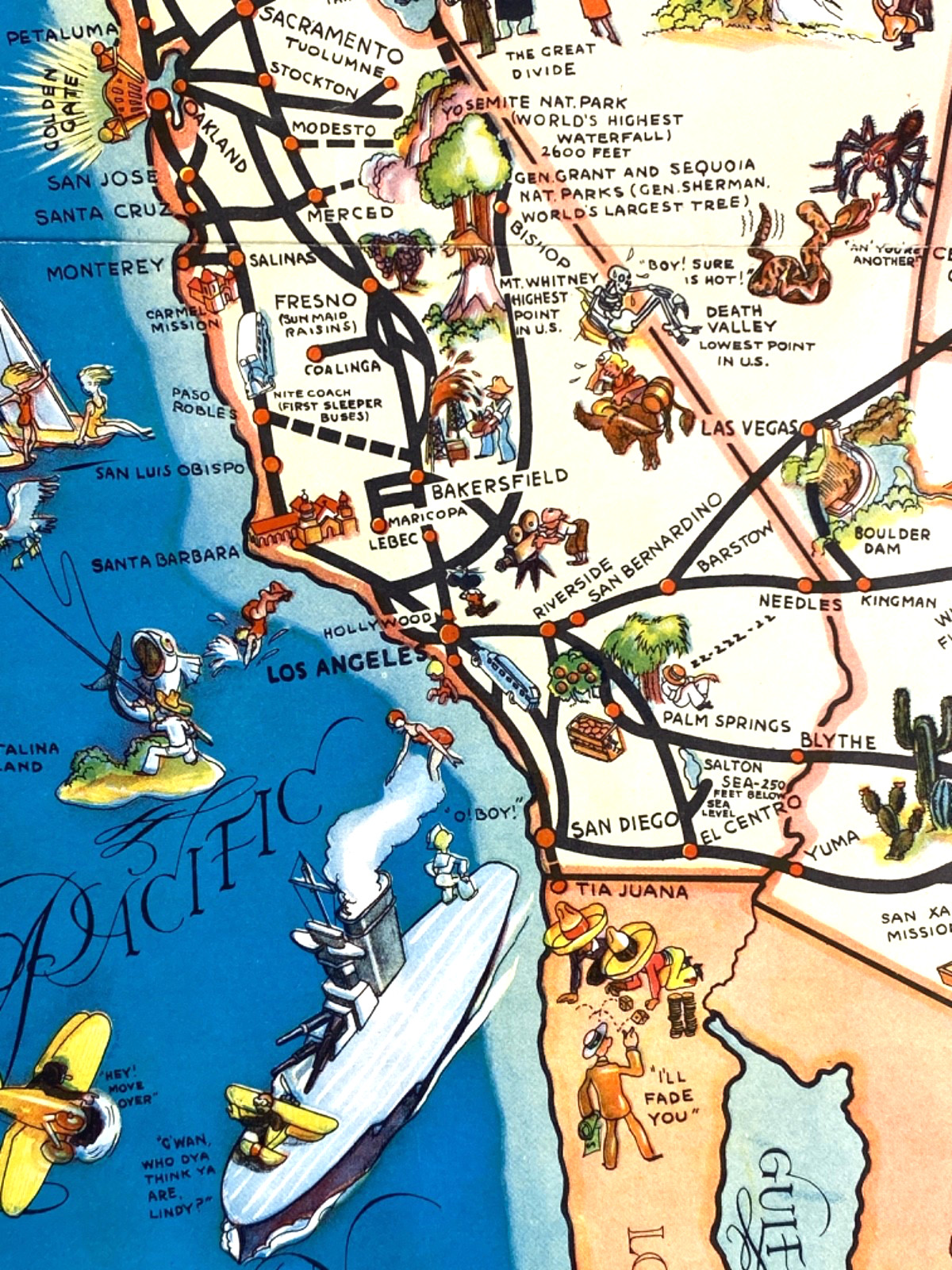 1933 HUGE CARTOON MAP OF U.S.A. – 20″x 30″ full-color poster GREYHOUND BUS LINES