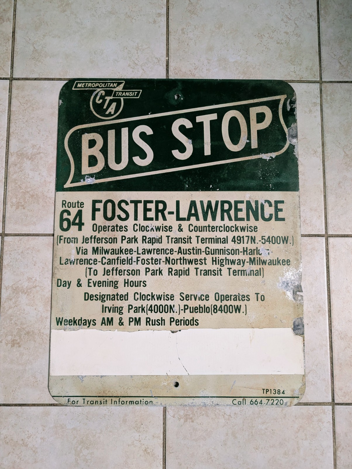 1950s/1960s Green CTA Chicago Transit Authority Bus Stop Sign Vintage 64 Foster
