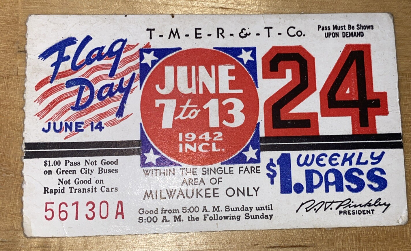 1942 Flag Day #24 Wisconsin Railway TRANSIT BUS Pass
