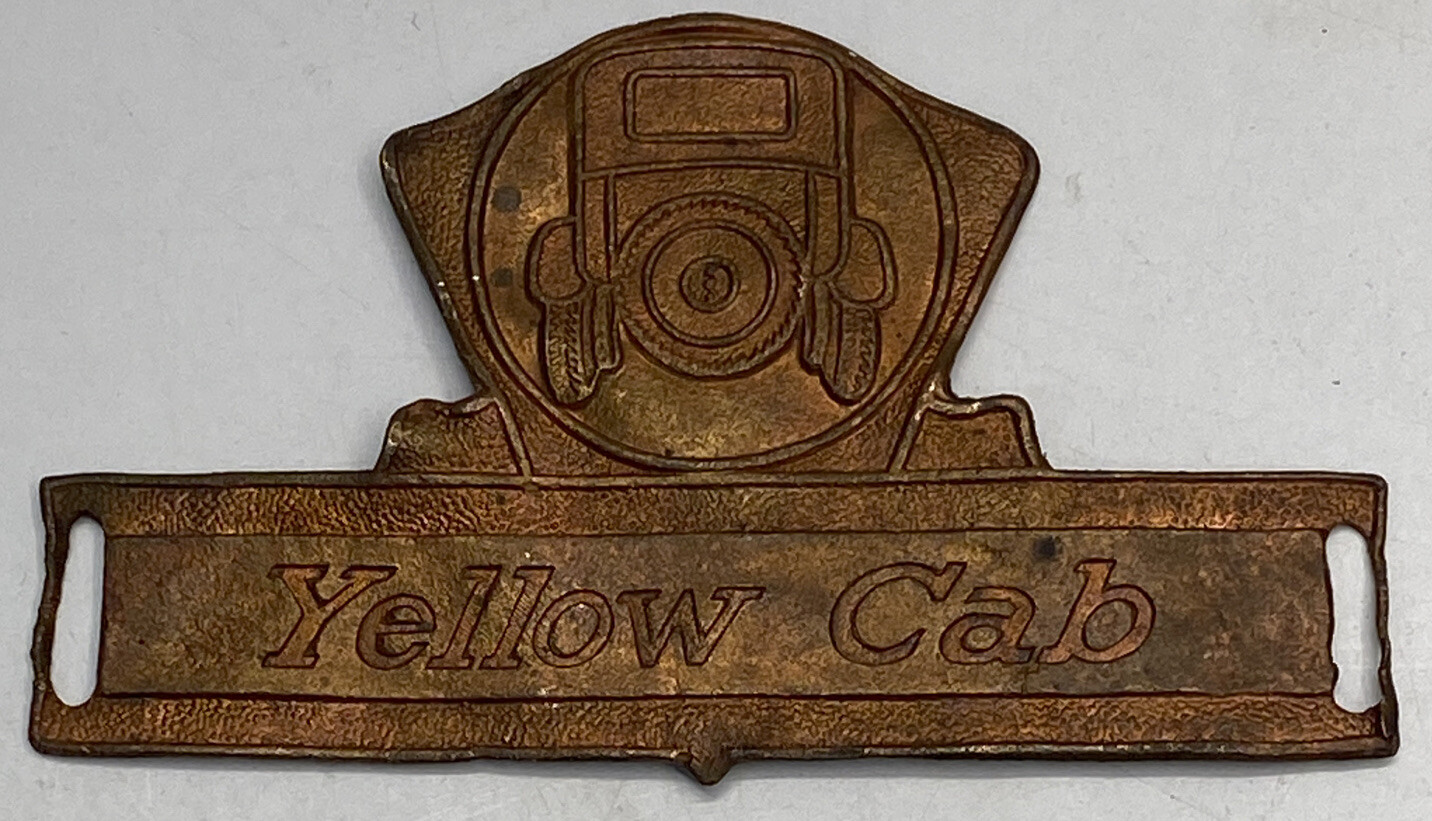 VINTAGE 1920S COPPER YELLOW CAB DRIVERS HAT BADGE GAS OIL ADVERTISING