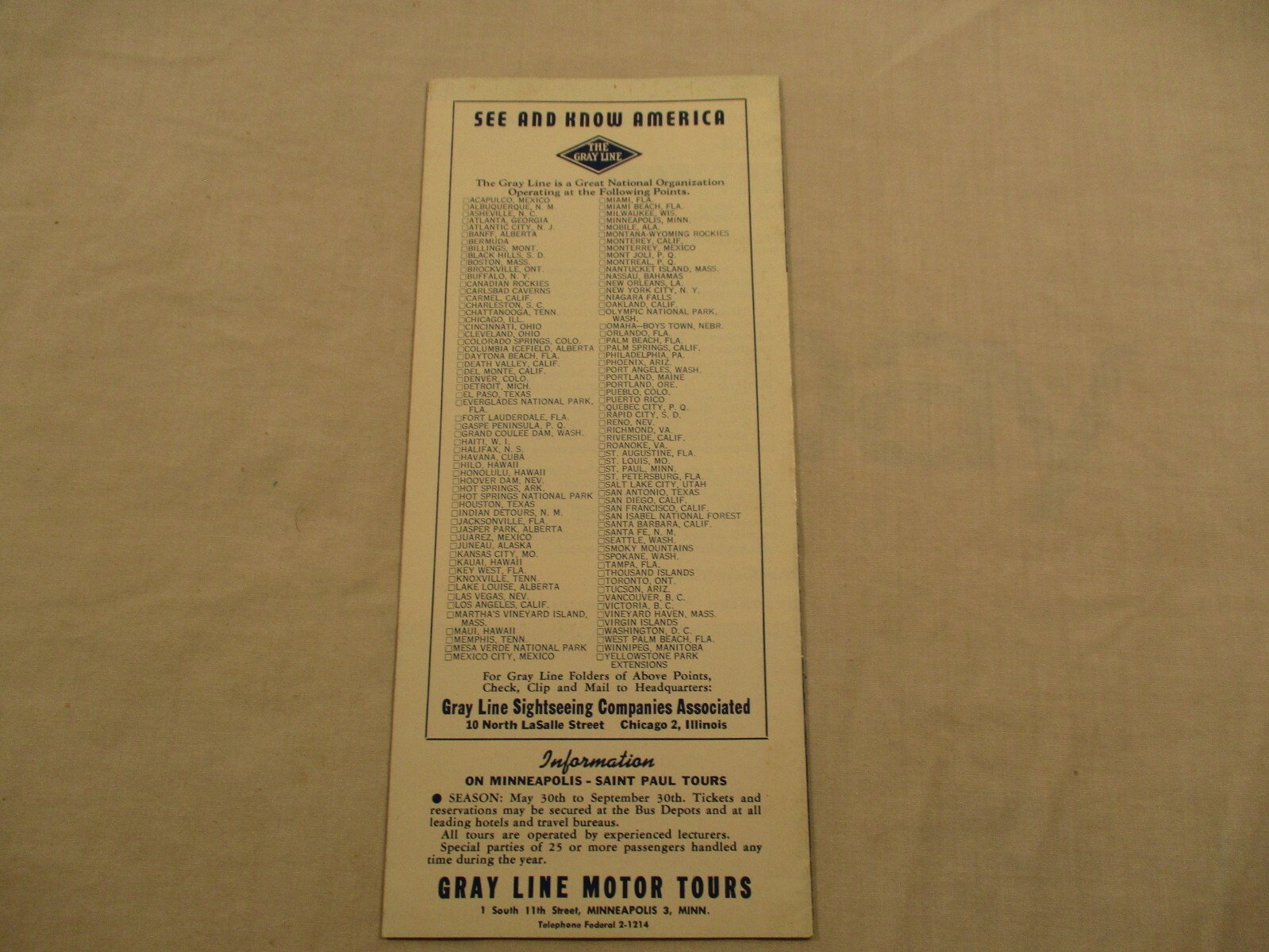 Vintage 1950s Gray Line Motor Tours Twin Cities Saint Paul Minneapolis Minnesota
