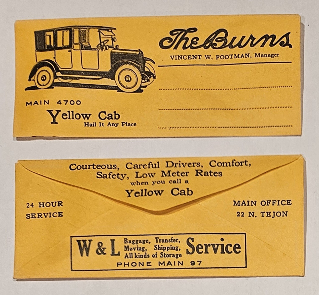 Vintage 1920s Yellow Cab Taxi Envelope The Burns Colorado Springs?