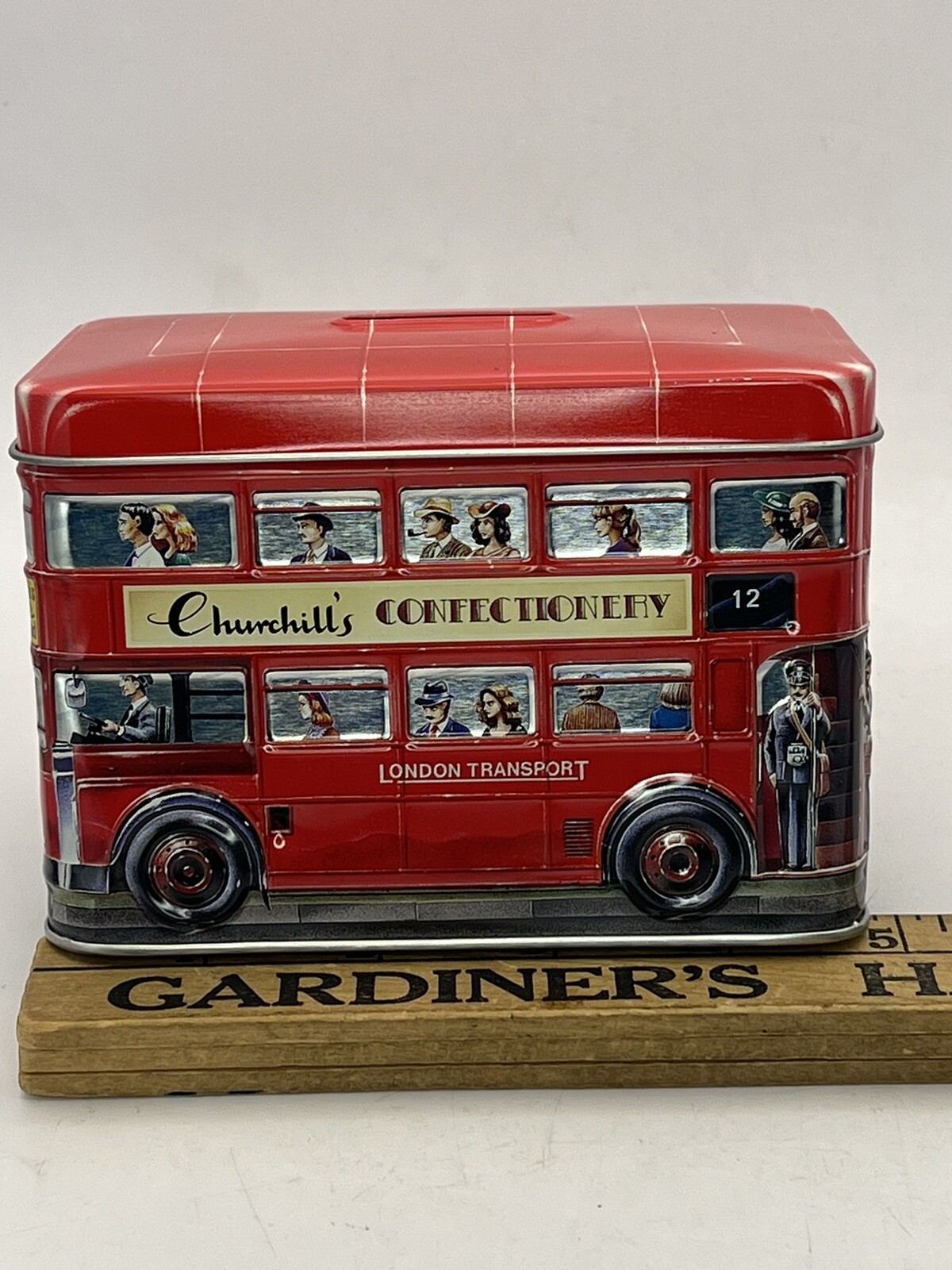 Churchill’s Confectionery London Transport Double Decker Red Bus Tin Coin Bank