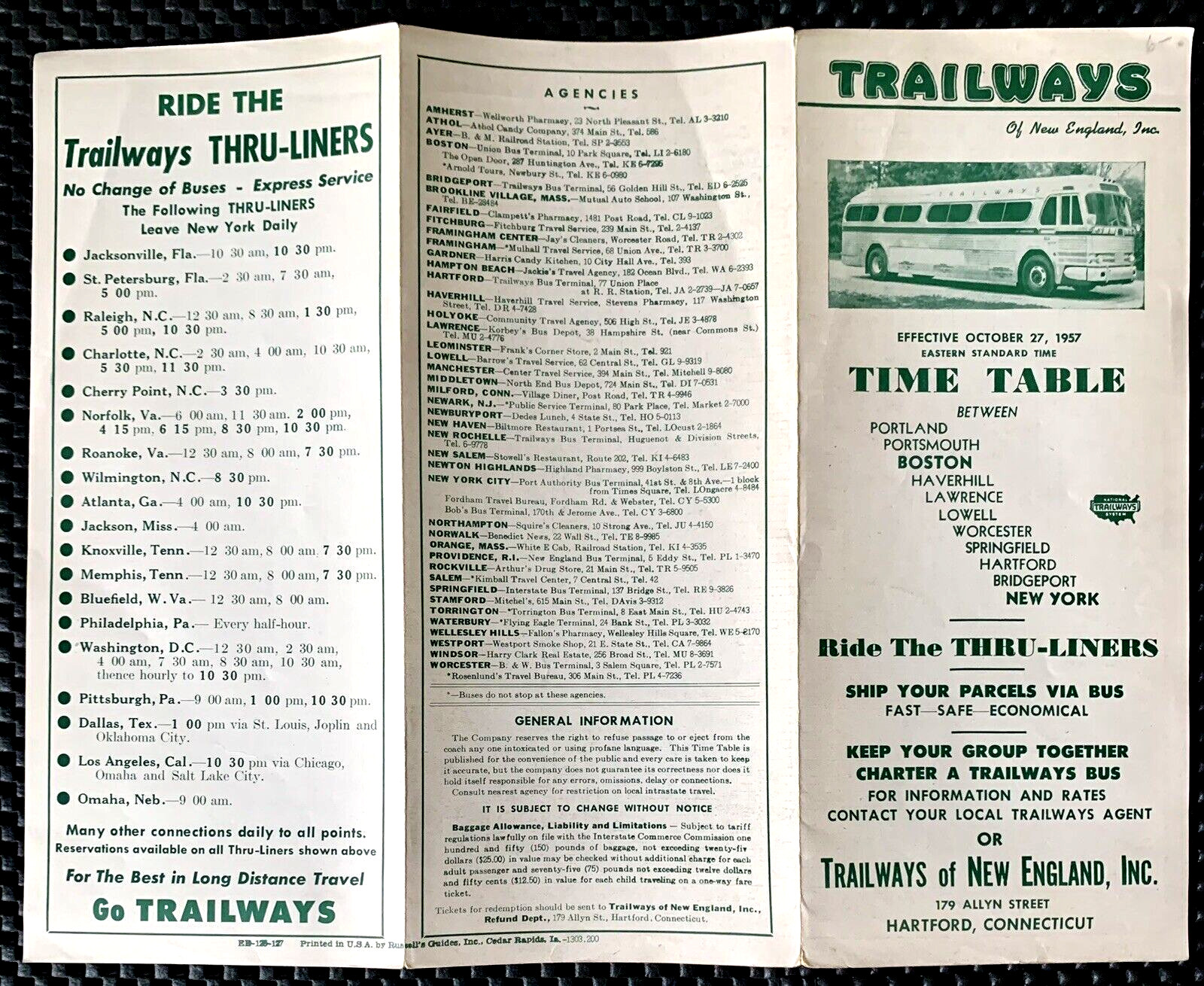 TRAILWAYS OF NEW ENGLAND INC BUS TIME TABLE OCTOBER 27, 1957 HARTFORD BROCHURE