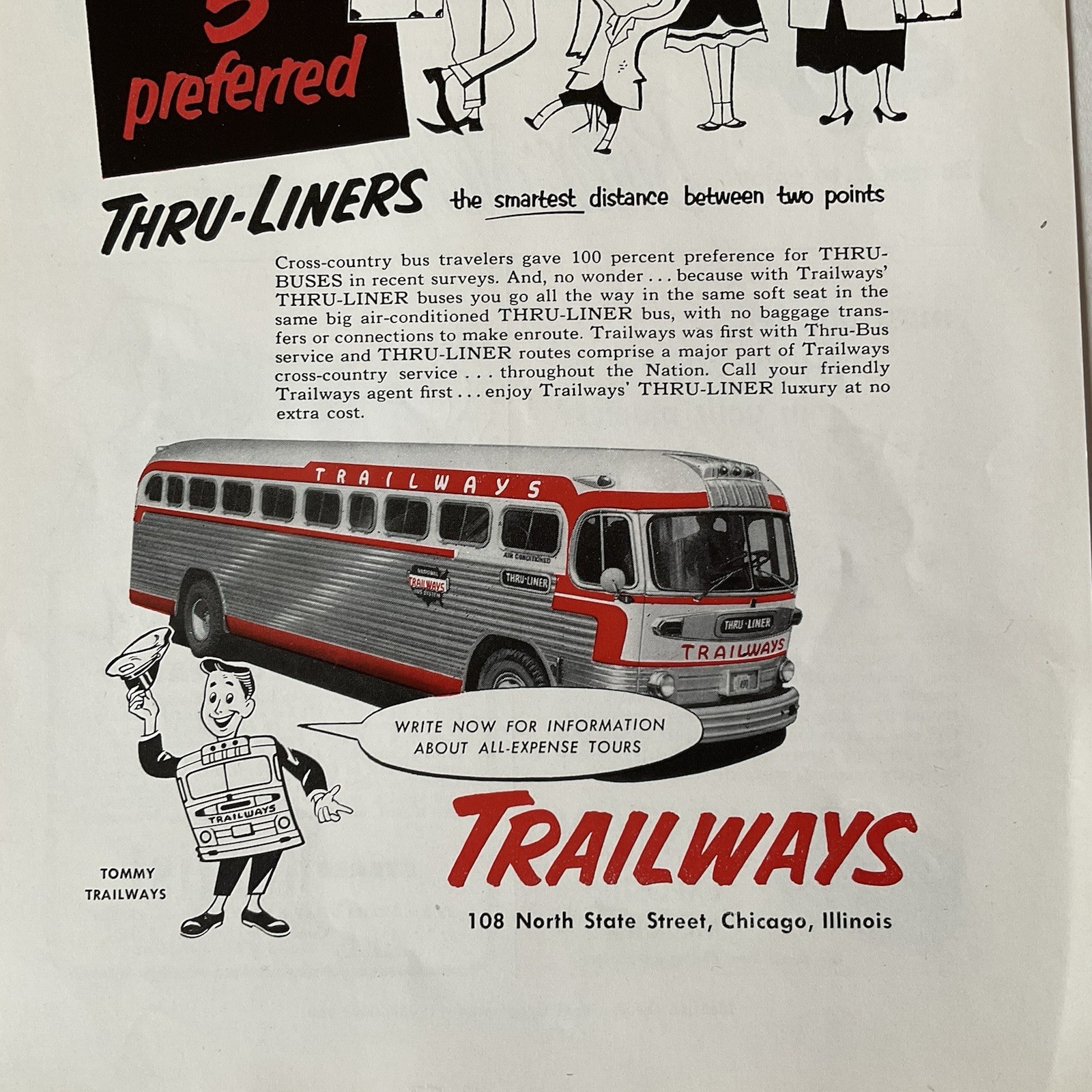 Trailways Thru-Liner Bus Tommy Trailways 1953 Magazine Print Ad 10″ x 6-1/2″ New