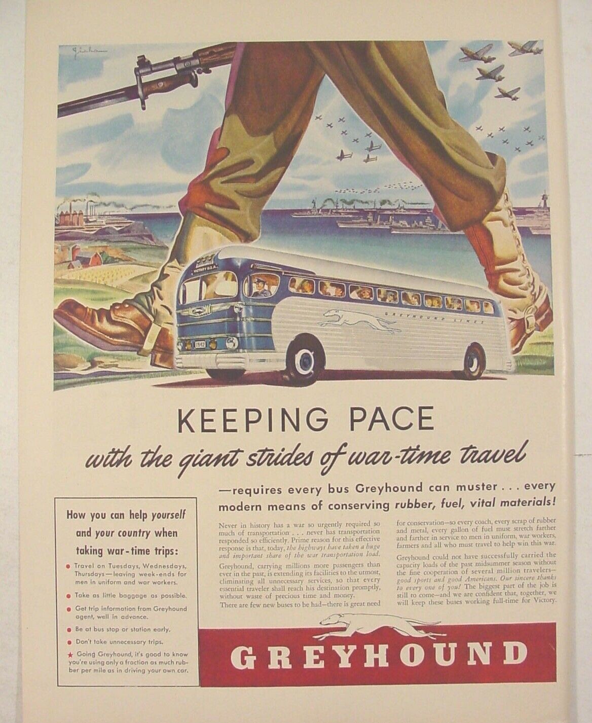 1942 GREYHOUND Bus Keeping Pace with War-time Travel Print Ad WWII Artwork