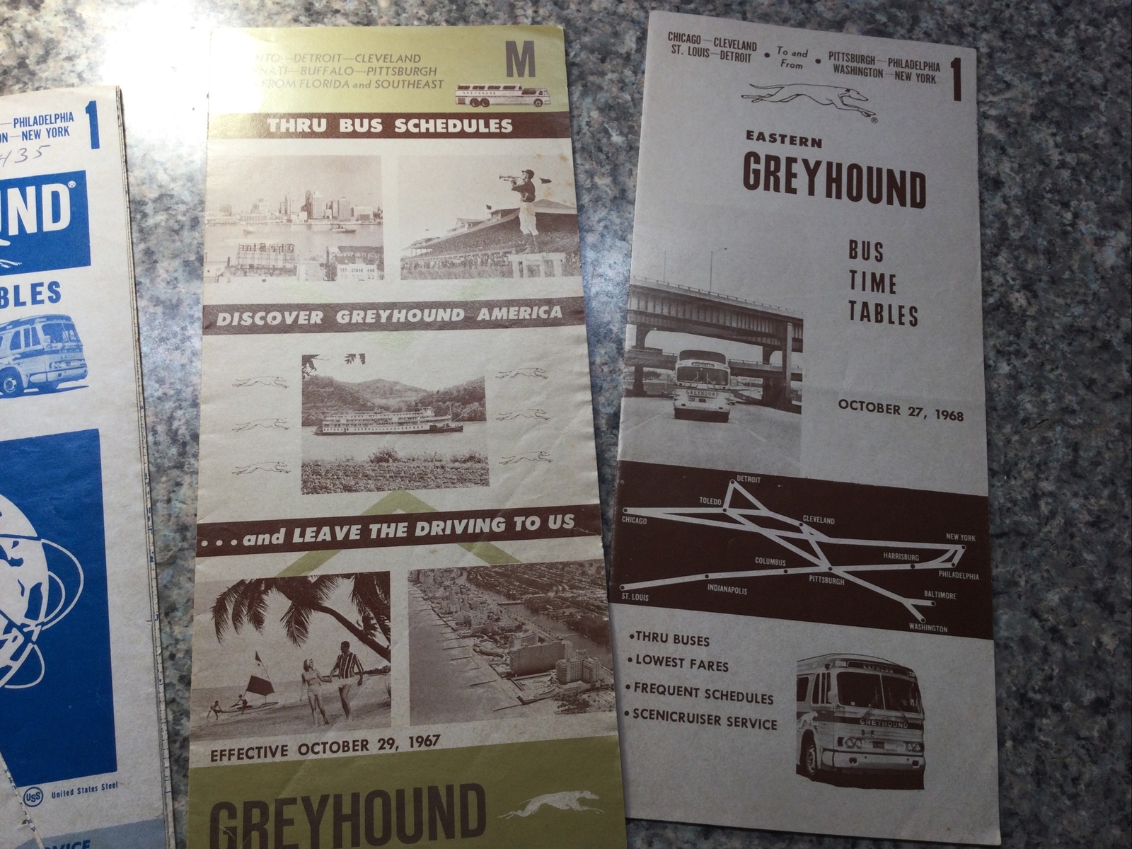 Lot of 5 Bus time tables Greyhound 1964, 1965, 1967, 1968