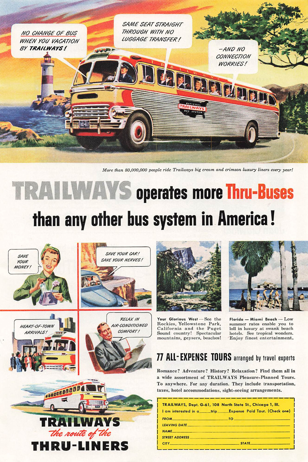 Trailways Bus Print Ad Vintage Advertisement Transportation Lighthouse 1951