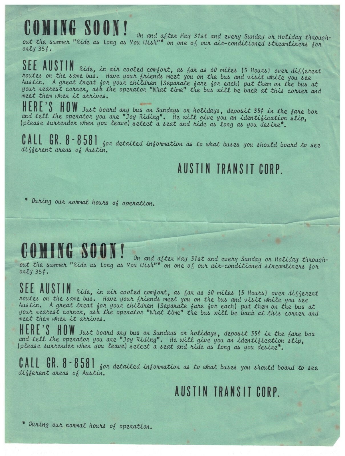 1960s Austin TX Transit Corp. Announcement Sheet