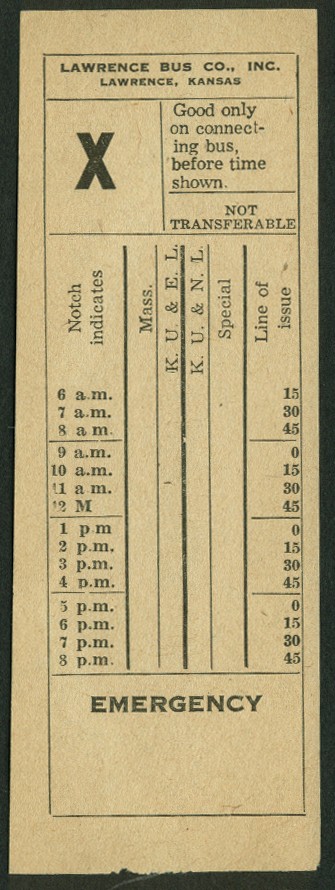 Lawrence Bus Company Lawrence KS transfer undated, ca 1960s