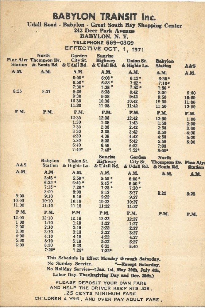 1971 BABYLON TRANSIT Bus Schedule Route Map Udall Road Abraham & Strauss Montauk