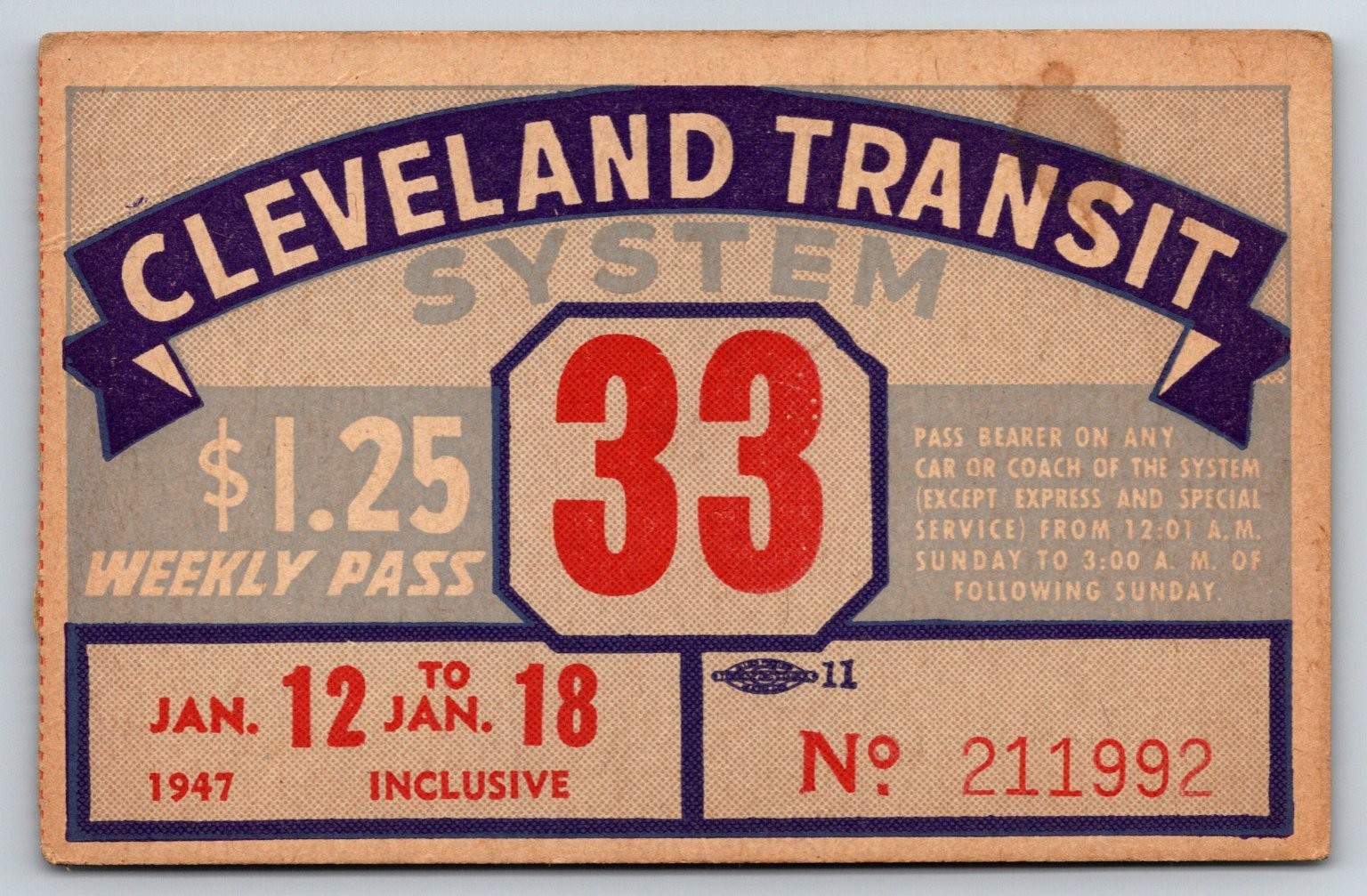 Cleveland Transit System 1947 Weekly Pass Vintage Ticket (#2)