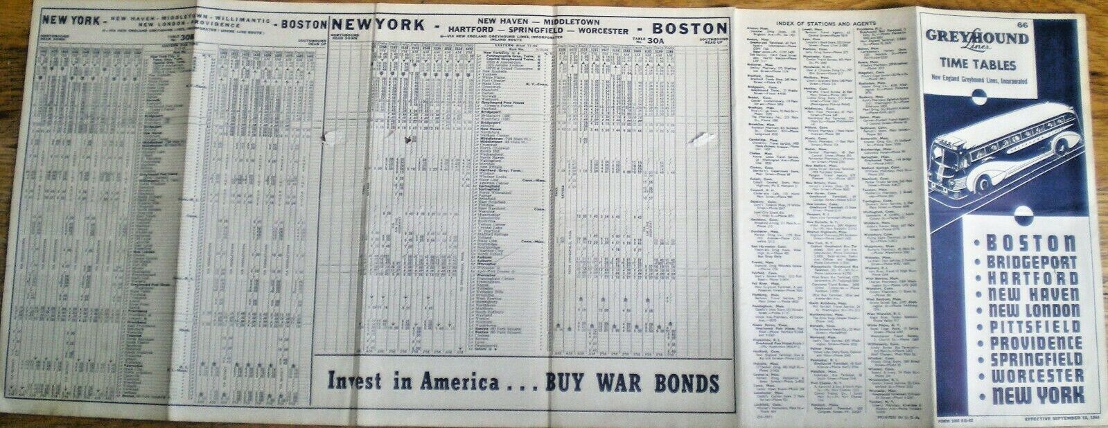 1944 GREYHOUND LINES TIME TABLES ~ NEW ENGLAND ~ BOSTON TO N.Y. ~ WORLD WAR TWO