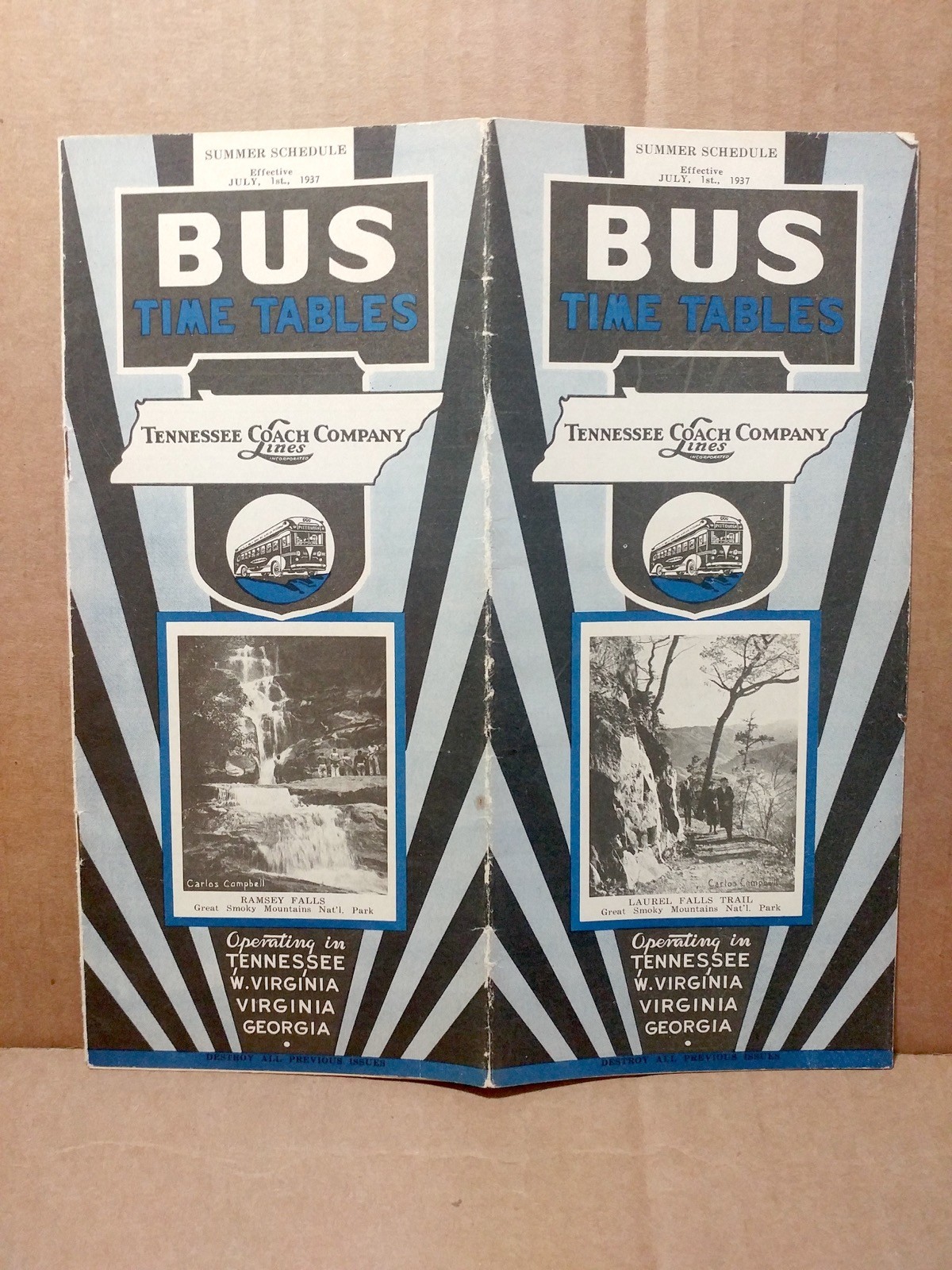 1937 Tennessee Coach Lines Bus Time Table Brochure Timetable TN Schedule Vintage