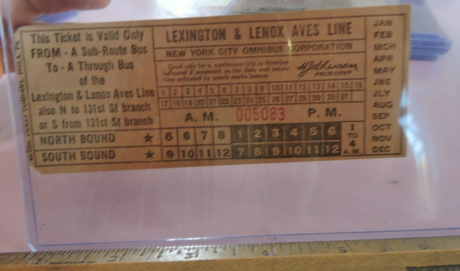 1936? New York City Omnibus Bus Transfer Ticket Lexington & Lenox Aves Lines