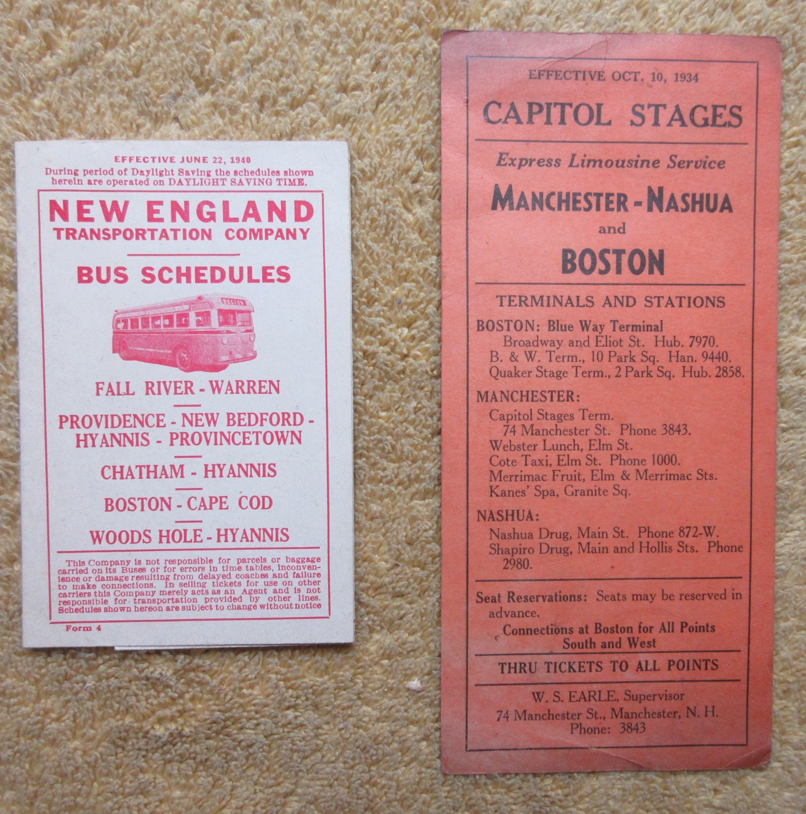 1934 CAPITOL STAGES & 1940 NEW ENGLAND TRANSPORTATION CO SCHEDULES