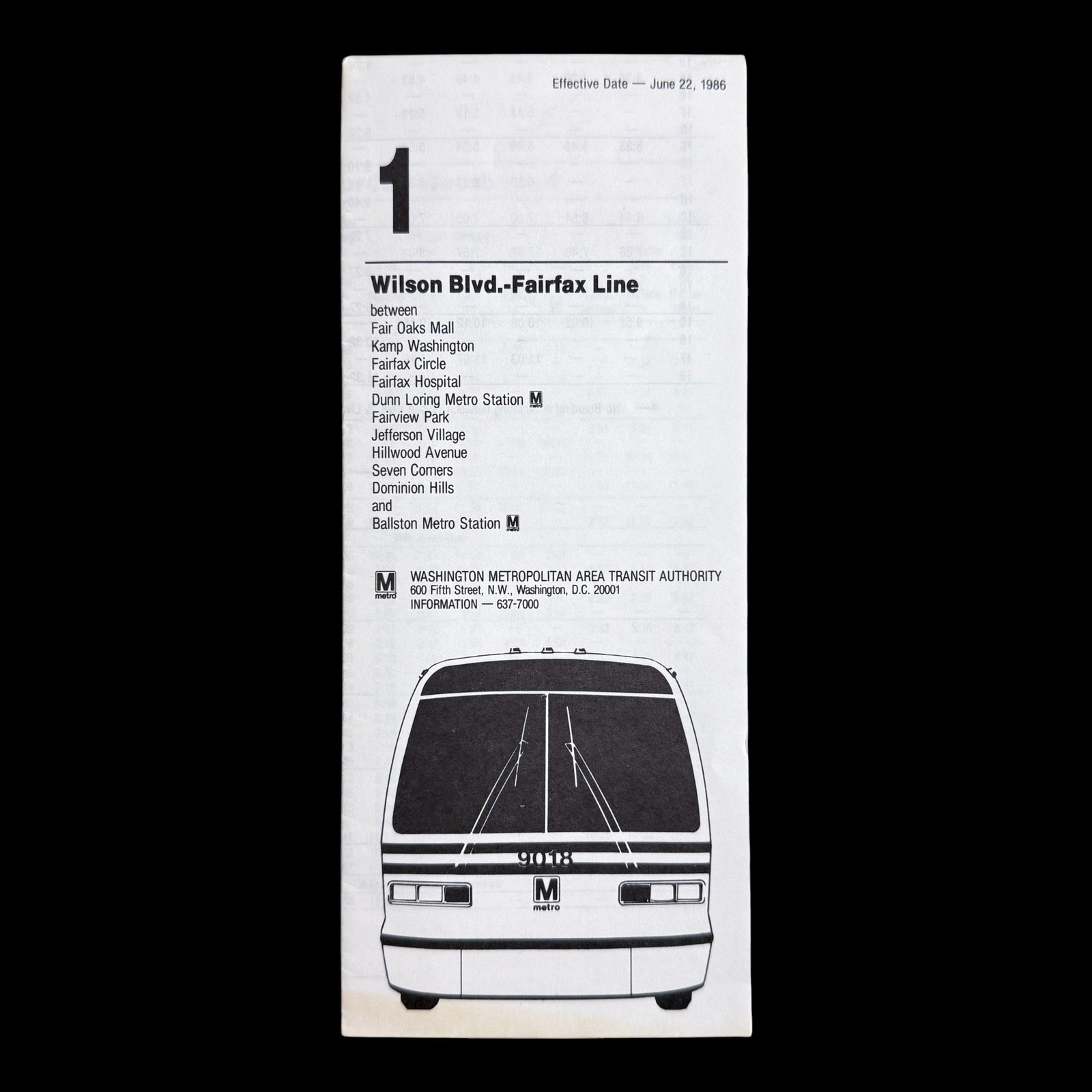 WMATA Metrobus Schedule 1986 Wilson Blvd Fairfax Line Route 1 Map 1980s