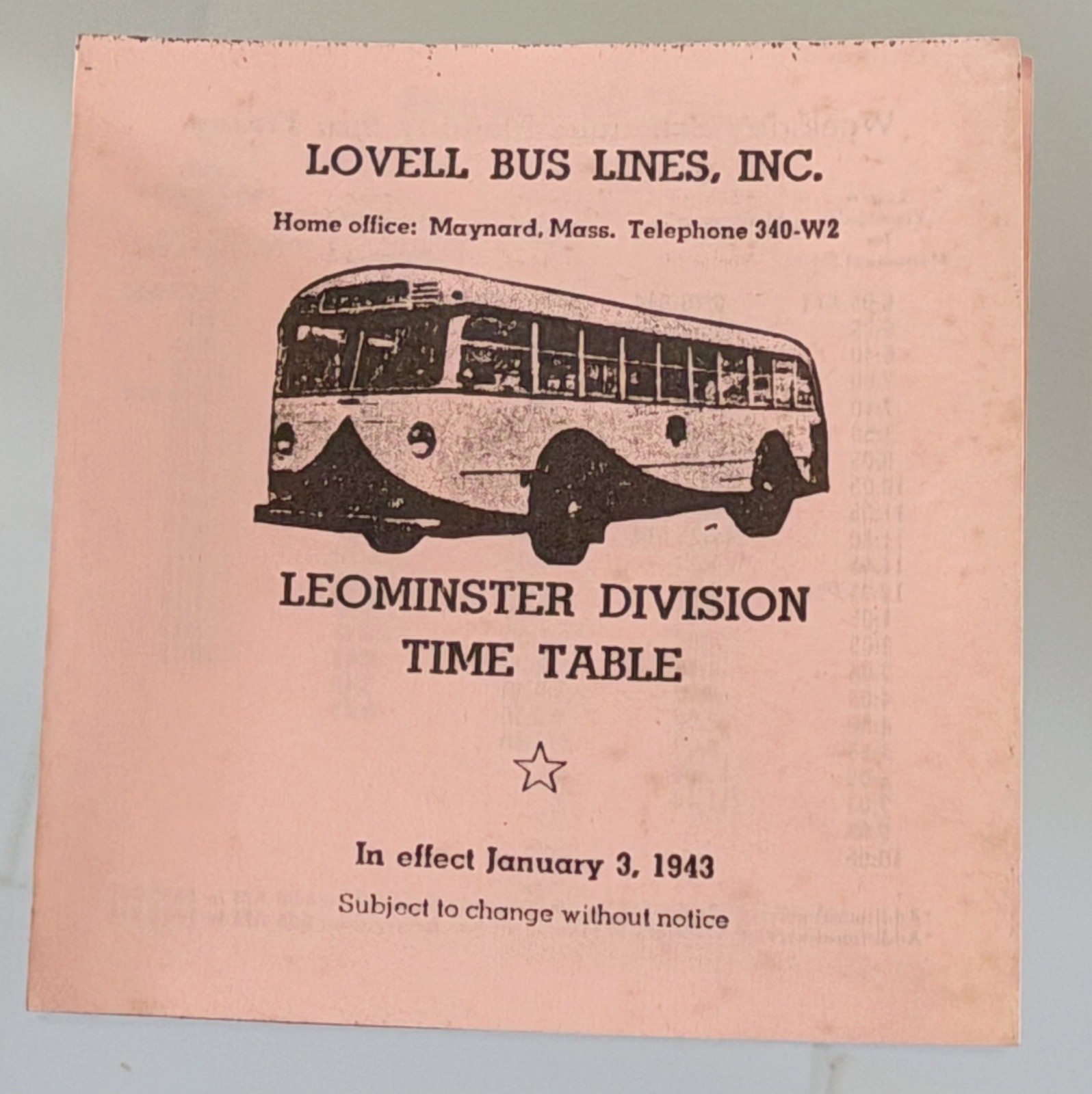 Lovell Bus Lines time table from 1943 maynard MA LEOMINSTER pink paper