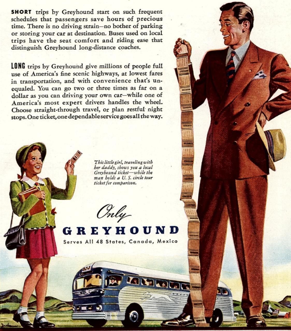 1940s GREYHOUND BUS LINES SERVES ALL 48 STATES CANADA MEXICO MAGAZINE AD 27-13
