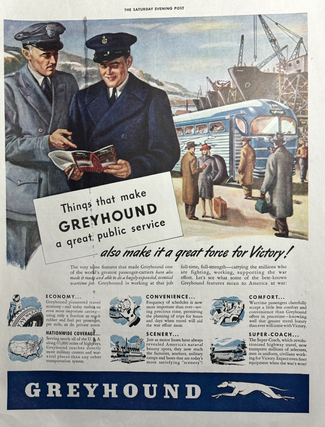 1943 Greyhound Bus Lines Travel Force Victory Public Service WW II VTG Print Ad