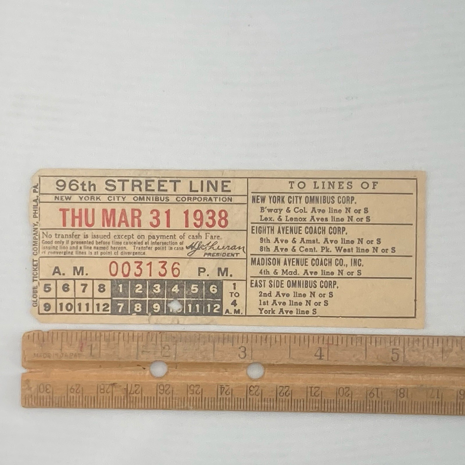Vintage 1938 New York City Bus Transfer Ticket Signed HJ Sheeran Transit Pioneer