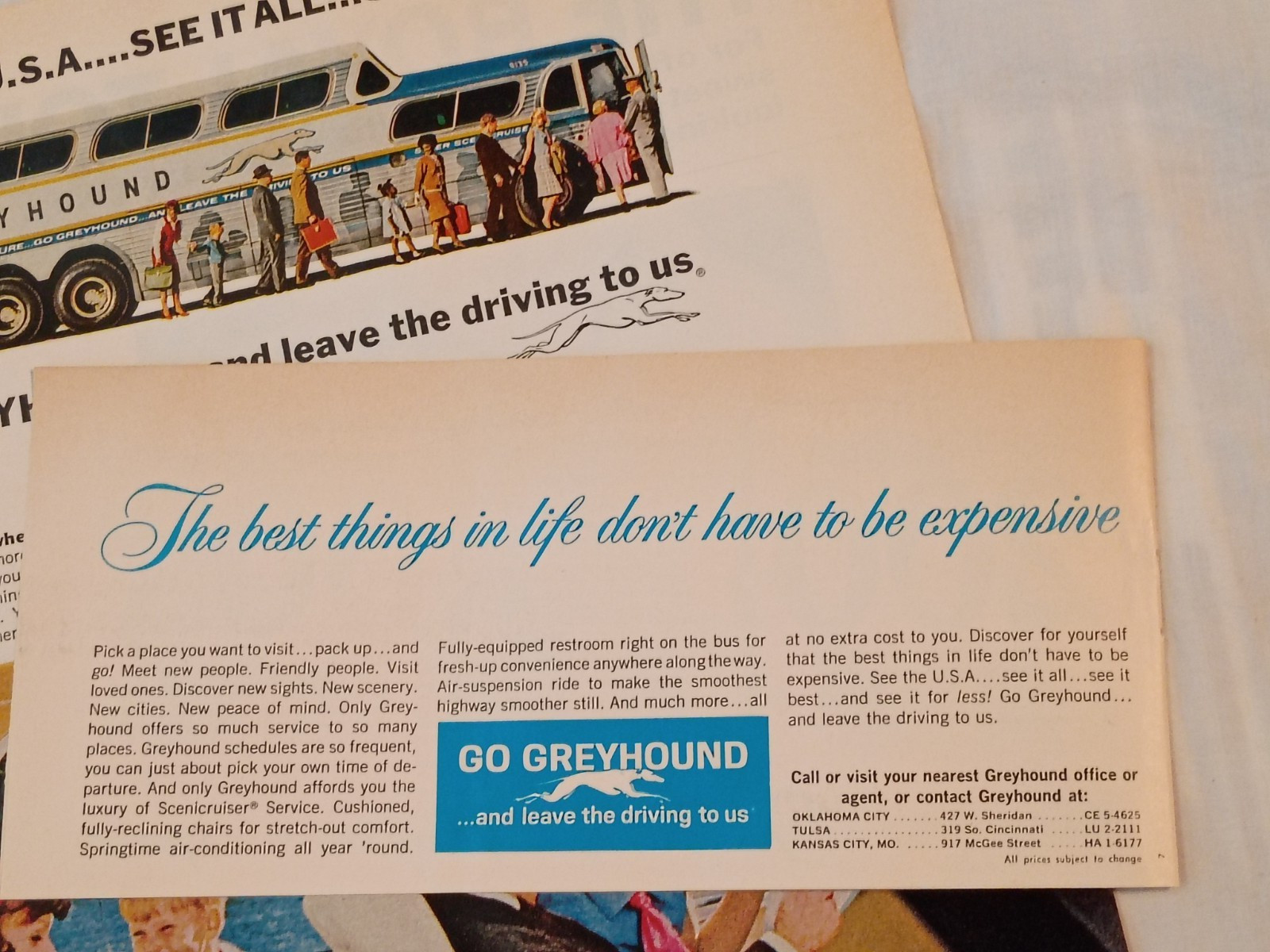 Vintage 1965 Greyhound Bus Print Ad Center Page Ad W/ Insert From Life Magazine
