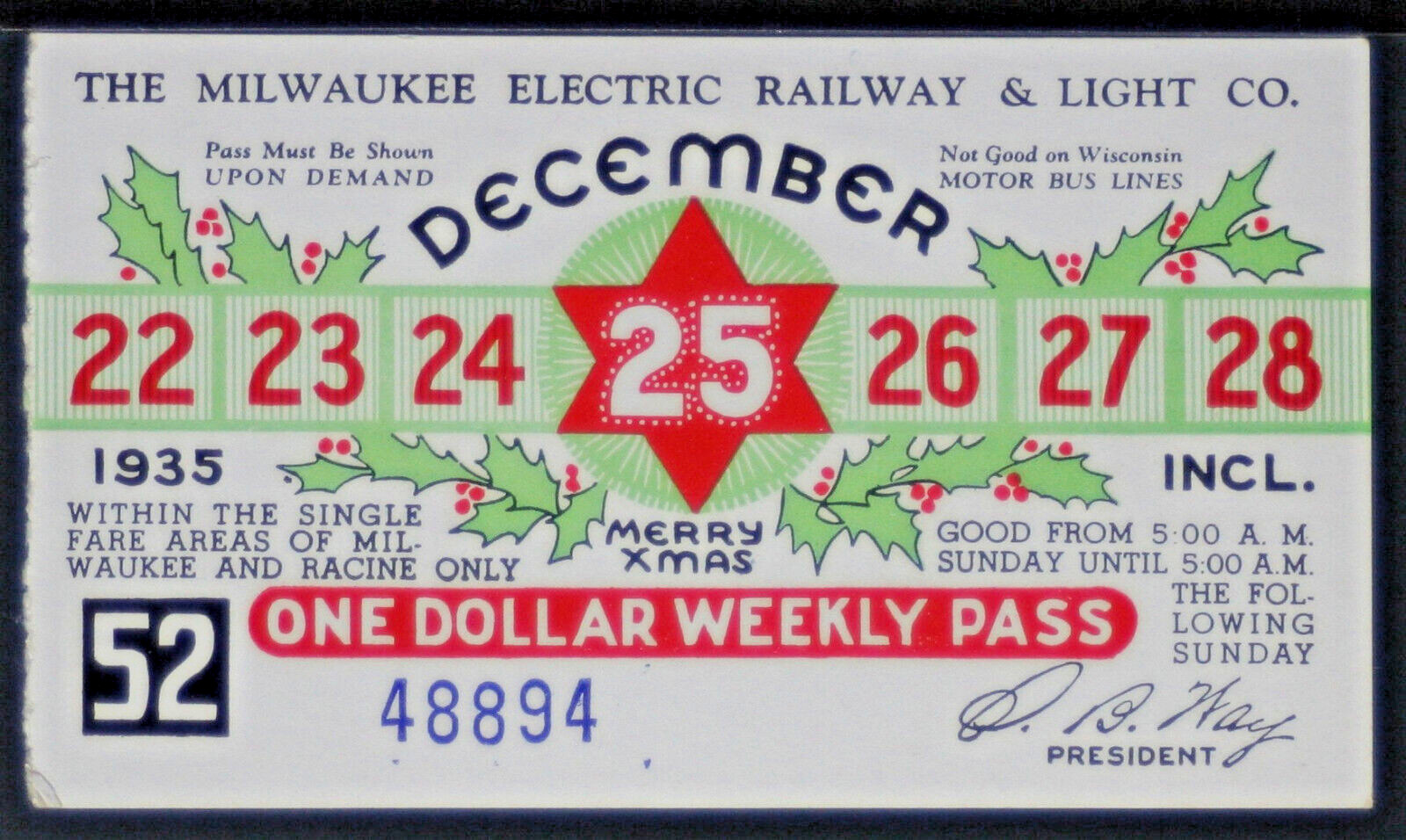 The Milwaukee Electric Railway & Light Co – Christmas Week Pass 1935 PASS295