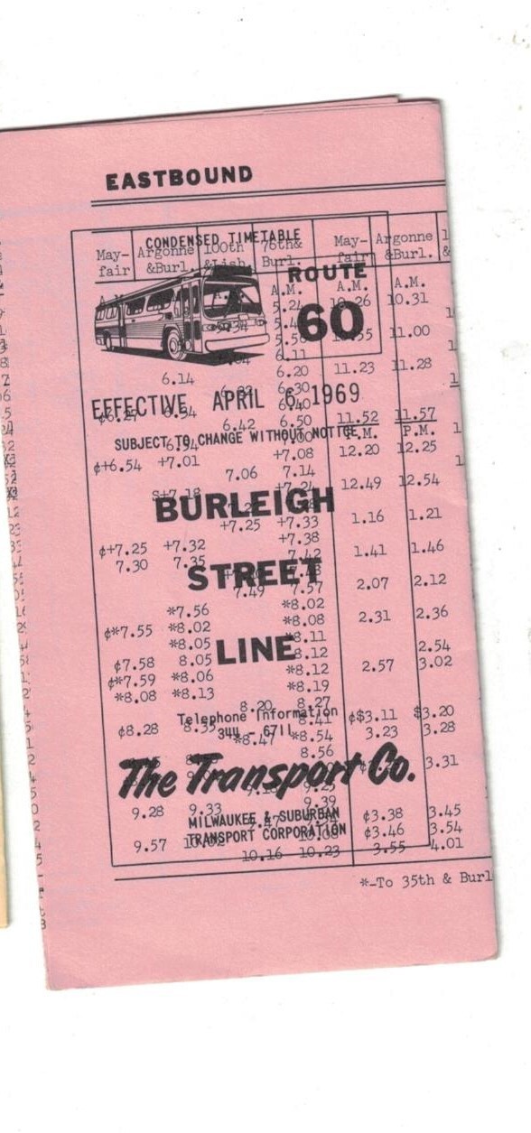 Vintage April 1969 Milwaukee Bus Schedules Route 60 Burleigh Street Misprint