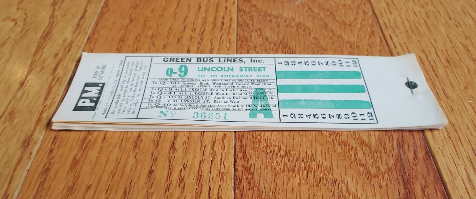 GREEN BUS LINES INC TRANSFER TICKET BOOK Q-9 LINCOLN ST QUEENS NY GREEN
