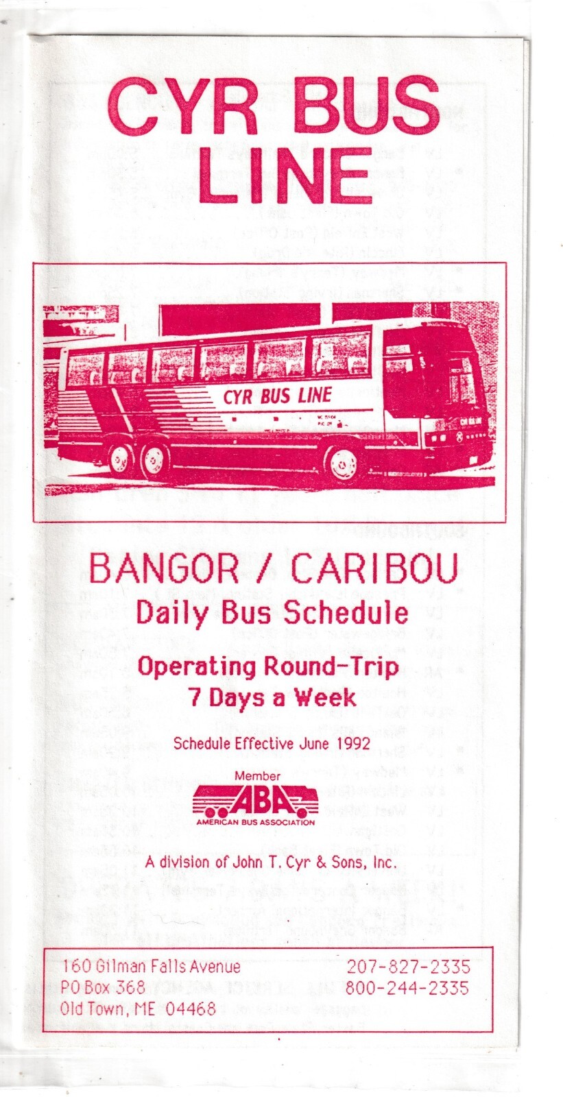 CYR BUS LINE Schedules June, 1992 ( MINT )