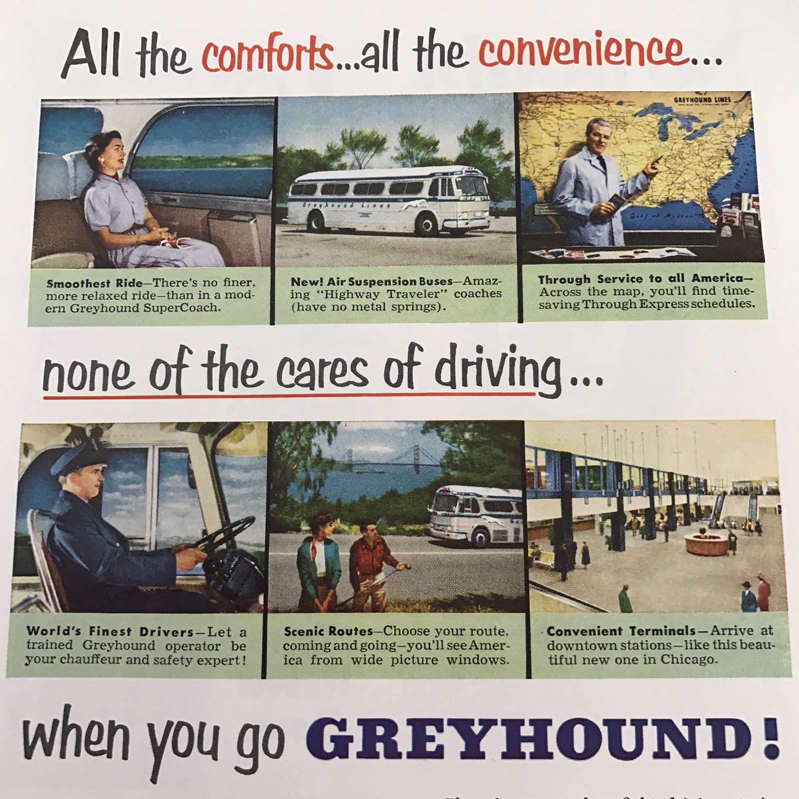 Greyhound Bus Vtg 1953 Print Ad Comforts Convience None Of The Cares Of Driving