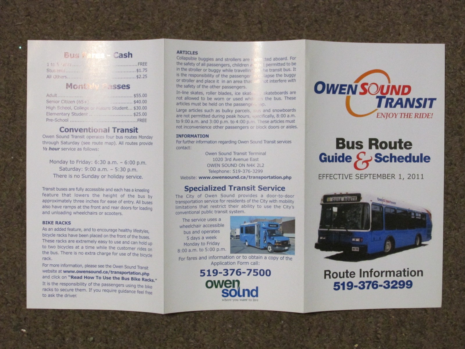 Authentic Owen Sound Transit Ontario Transit Map/Timetable *UNUSED!* Sept 1 2011