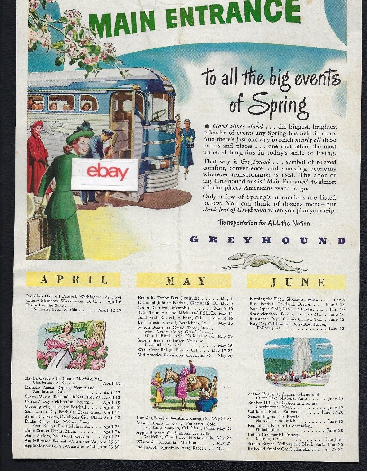 GREYHOUND BUS LINES 1948 MAIN ENTRANCE TO ALL THE BIG SPRING EVENTS IN USA AD