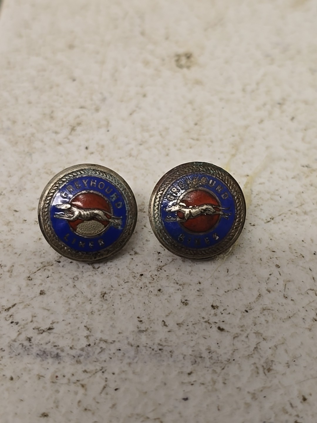 Pair Of Vintage Greyhound Bus Lines Enamel Hat Jacket Buttons
