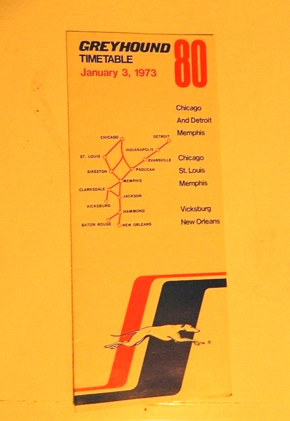 1973 Greyhound Timetable #80. Chicago, Memphos, New Orleans