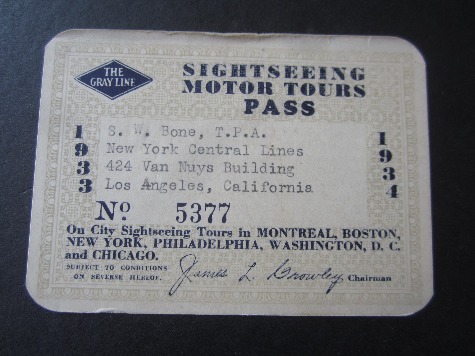 1933 – GRAY LINE MOTOR TOURS – PASS – 1933-1934