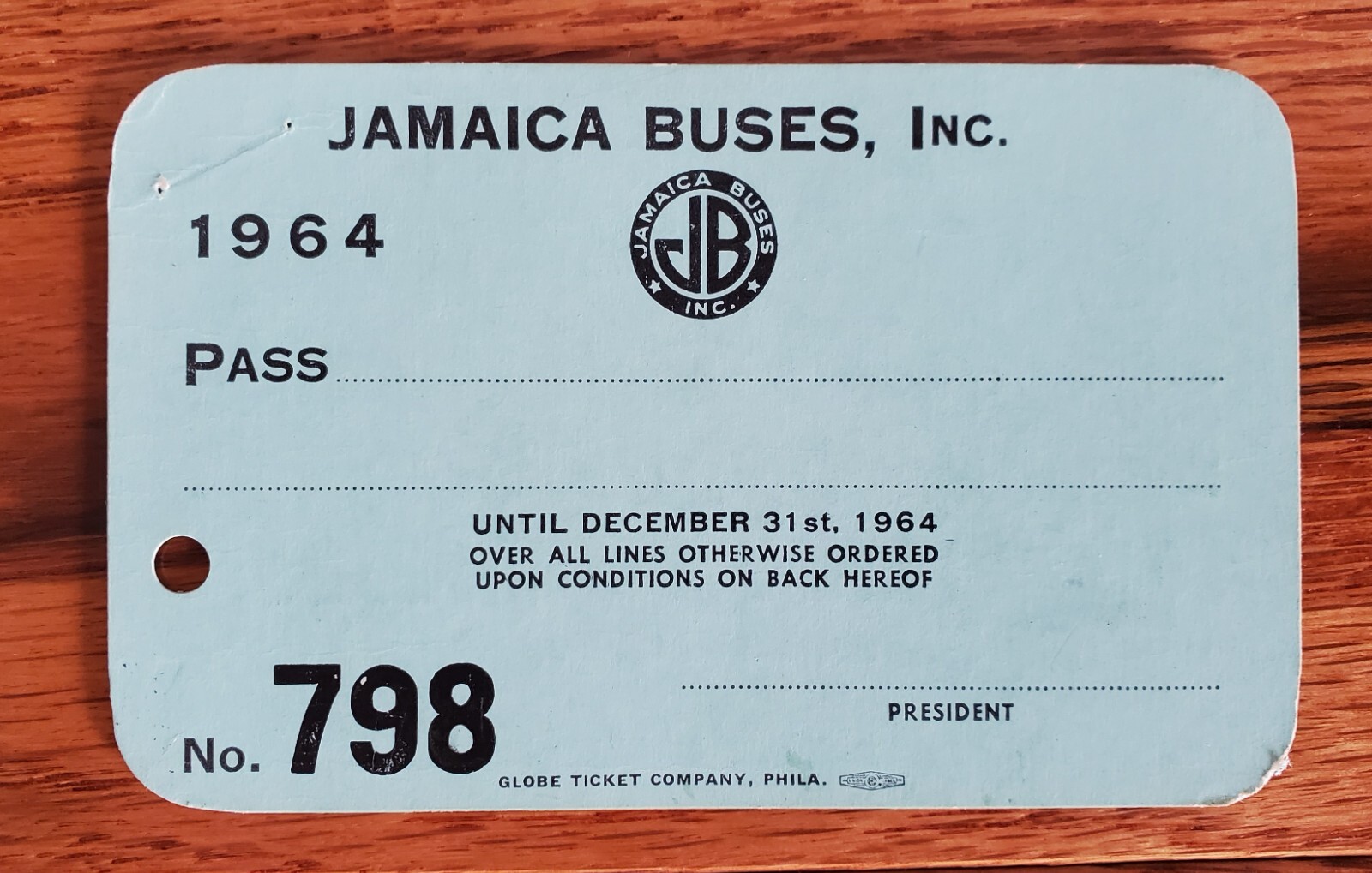 1964 JAMAICA BUSES INC FREE BUS PASS #798 QUEENS NY TICKET TRANSFER